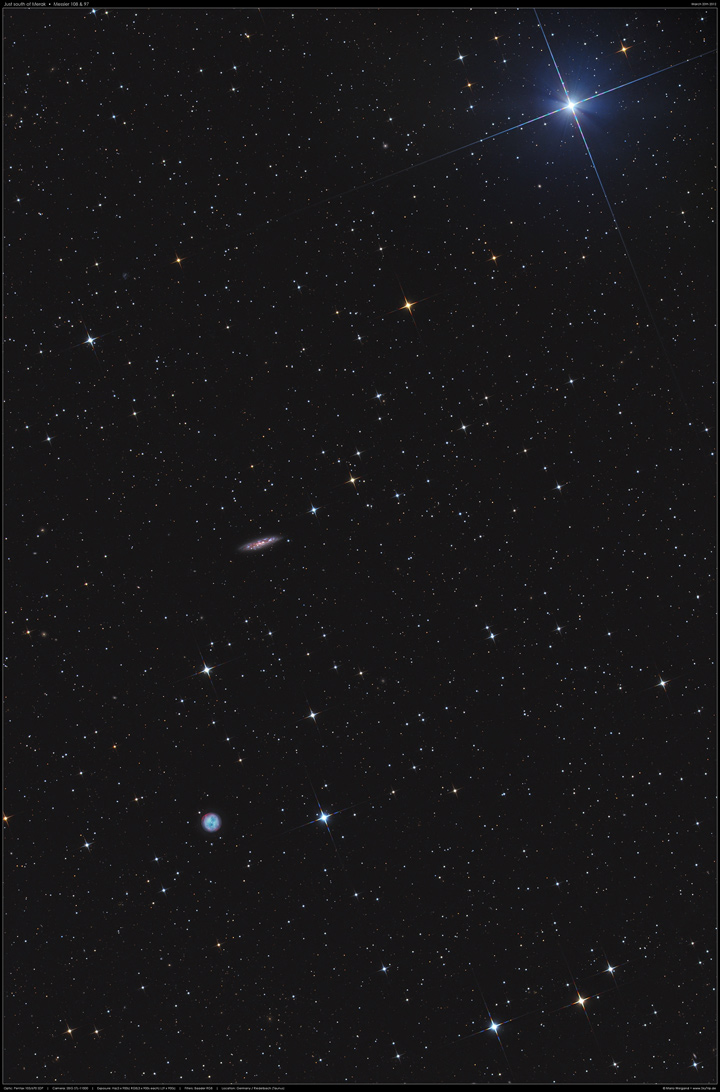 stlich von Merak: Galaxie M108 und der Eulennebel M97