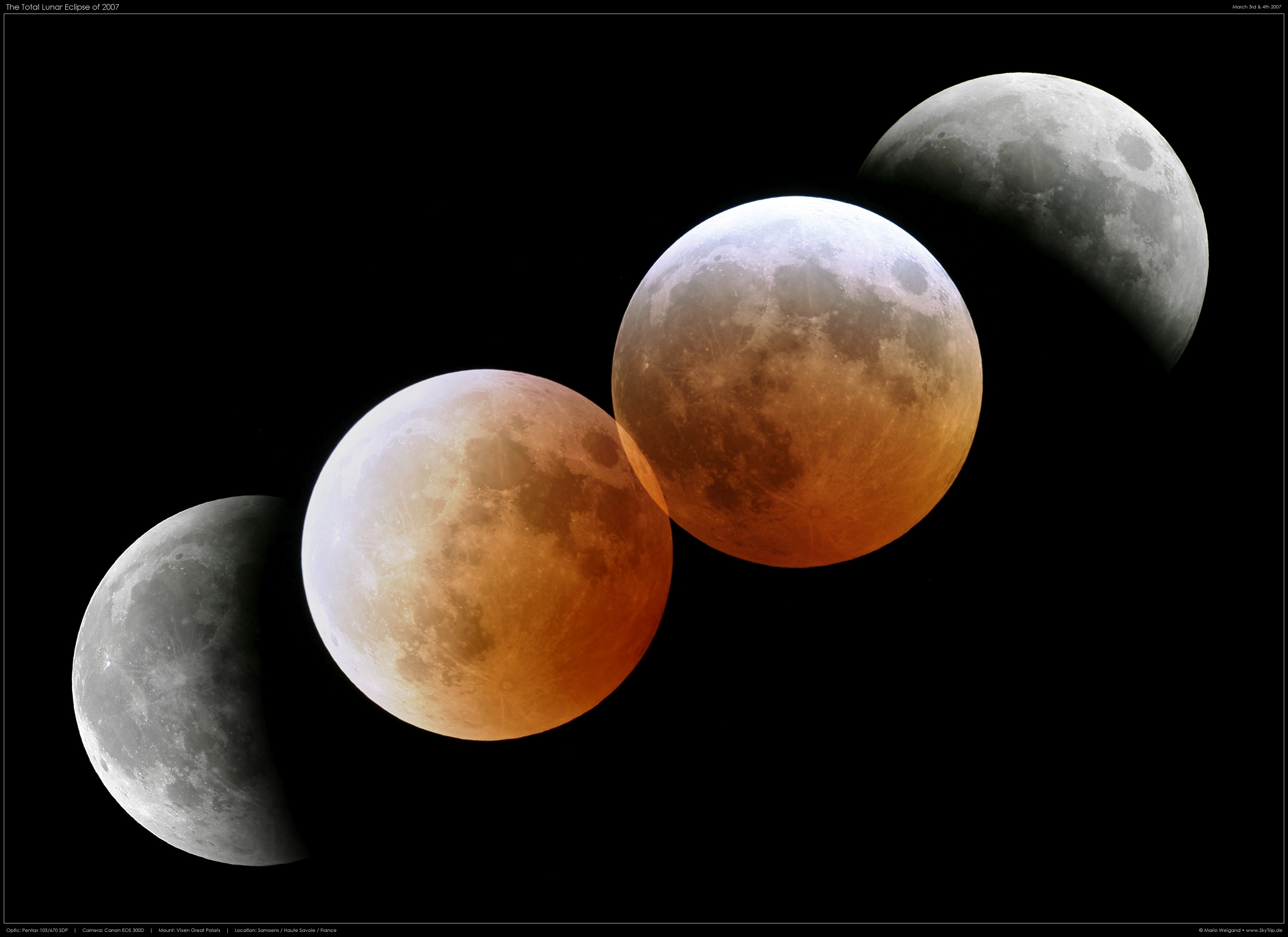 Totale Mondfinsternis 2007: Collage des Finsternisverlaufs