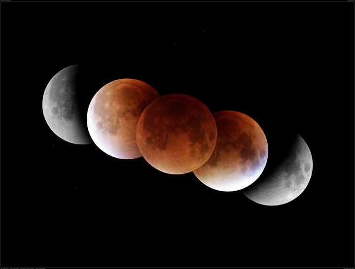 Collage: Verlauf der totalen Mondfinsternis 2015